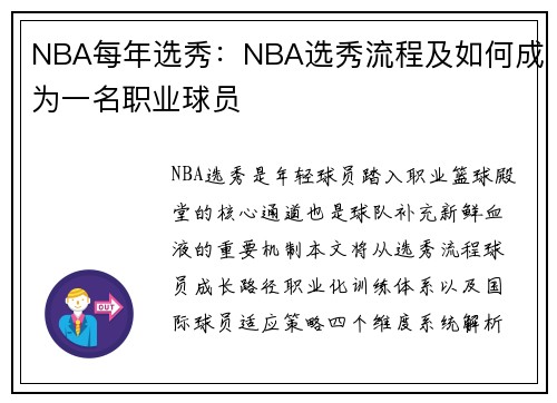 NBA每年选秀：NBA选秀流程及如何成为一名职业球员