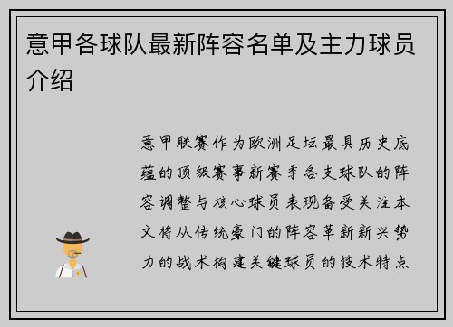意甲各球队最新阵容名单及主力球员介绍